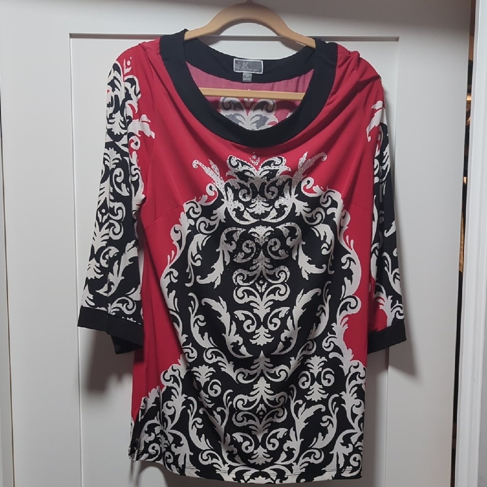 JM Collection Red and Black Baroque Print Blouse